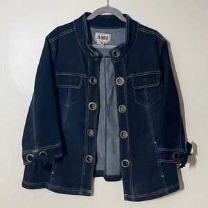 Dark Denim Jacket with Metal Accent Rings and Ribbons 3/4 Sleeves Sz 1X Plus